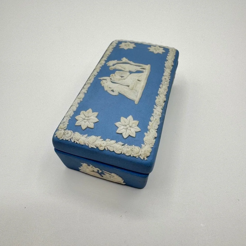 Wedgwood Blue Jasperware Rectangular Trinket Box Neoclassical Made in England